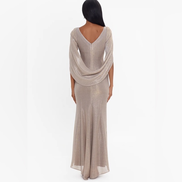 Betsy Adam Gold Drape Back Detail Sleeve Round Neck Metallic Crinkle Ruched Gown - Picture 2 of 9